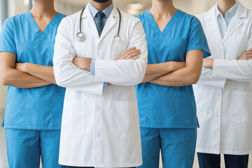 A group of four medical professionals in blue scrubs and white lab coats with arms crossed healthcare
