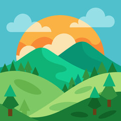 Hills with sky mountain tree vector green natural landscape background.