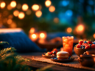 Cozy outdoor setting featuring delightful assortment of fruits, drinks, and desserts