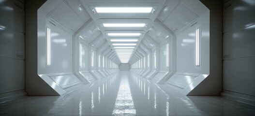 Modern white corridor with sleek lines and futuristic lighting, evoking a sci-fi spaceship or advanced laboratory environment.