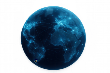 World globe connecting continents with glowing lines and points, symbolizing global communication, internet, and data sharing
