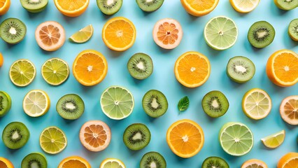 Vibrant citrus fruit slices, including oranges, grapefruits, lemons, and kiwis, are artistically arranged on a refreshing light blue background, creating a visually appealing and healthy composition