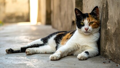 Outdoor cat resting on concrete