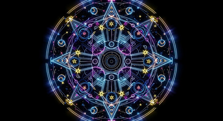 Neon Mandala Cosmic Pattern Luminous Glow with Stellar Neon Designs