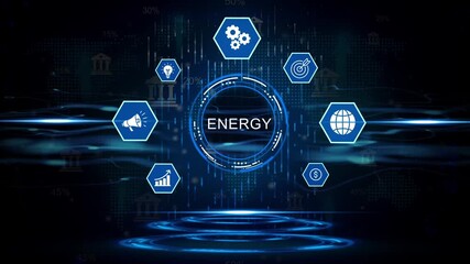 Futuristic energy concept digital interface with global network icons and financial data visualizations on dark background - Powered by Adobe