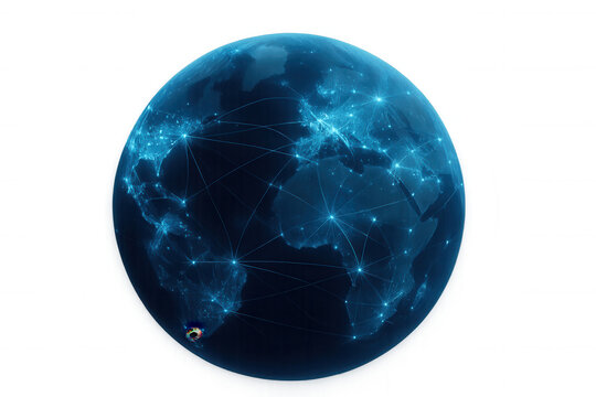 World globe connecting continents with glowing lines and points, symbolizing global communication, internet, and data sharing