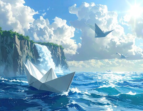 Paper boat on stormy sea, cliffs, waterfall - Powered by Adobe