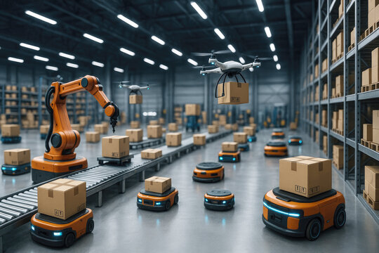 Automated warehouse with robotic arms drones and autonomous mobile robots moving packages automation