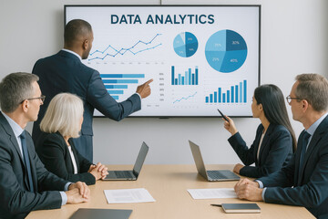 Business meeting with diverse team analyzing data analytics charts and graphs on a large screen presentation