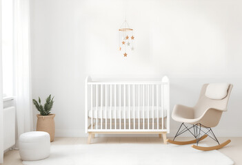 Minimalist Nursery: Serene White Crib and Rocking Chair