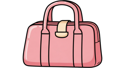 Cartoon illustration of a pink handbag with a strap, a zipper, and a clasp.