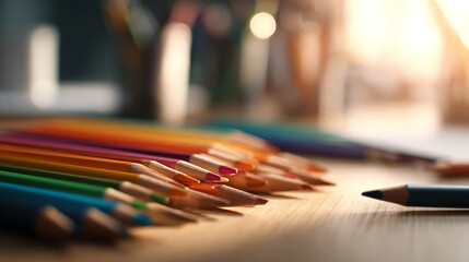Fototapeta premium Colorful pencils arranged on wooden surface, creating vibrant and artistic atmosphere