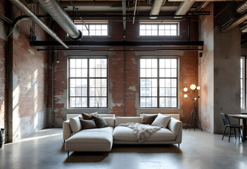 Sunlit Industrial Loft Living Room with Sectional Sofa