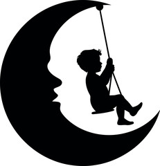 Child swinging on crescent moon silhouette vector © Collect Silhouettes