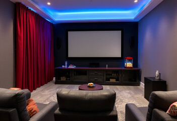 Luxurious Home Theater with Ambient LED Lighting and Plush Seating