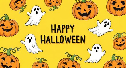 Happy Halloween pumpkins and ghosts seamless pattern on a yellow background for your design.