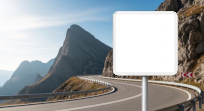 Blank White Signboard Mockup on Winding Mountain Road with Blurred Scenic Background - Powered by Adobe