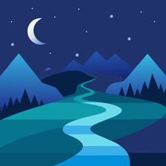 Serene night landscape with winding river and vector landscape background.