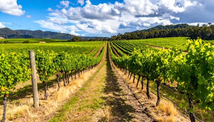 Vineyard rows under a summer sky