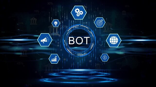 Futuristic bot technology concept with digital icons for automation data analysis global network and financial growth on a dark abstract background with glowing blue light effects and world map - Powered by Adobe