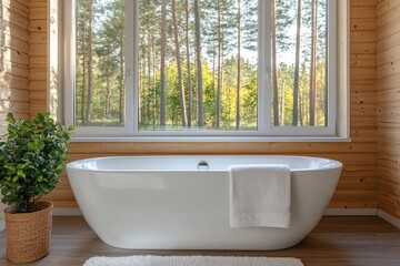Fototapeta premium A tranquil bathroom with a large white bathtub, showcasing a peaceful forest view through a large window, and warm wooden accents.