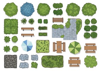 Collection of top down view landscape elements including trees benches and pathways isolated on white background