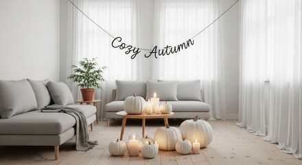 Create a cozy autumn vibe with white pumpkins and soft candlelight in a serene home