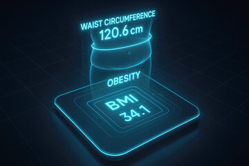 Digital health display showing specific BMI and waist circumference measurements for obesity medical