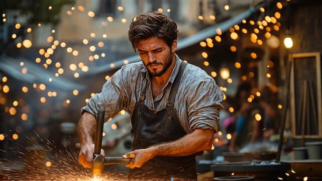 craftsman blacksmith hammers glowing metal on anvil with brilliant sparks in atmospheric outdoor market for traditional metalworking skill dedication craftsmanship concept
