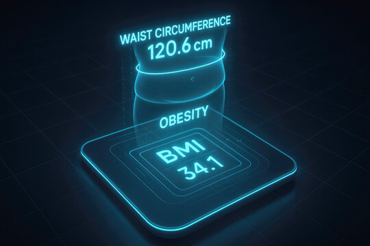 Digital health display showing specific BMI and waist circumference measurements for obesity medical