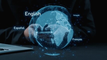 A futuristic digital globe displaying various languages like English, Spanish, French, and more, representing global communication and cultural diversity in a technological landscape. Qubit - Powered by Adobe