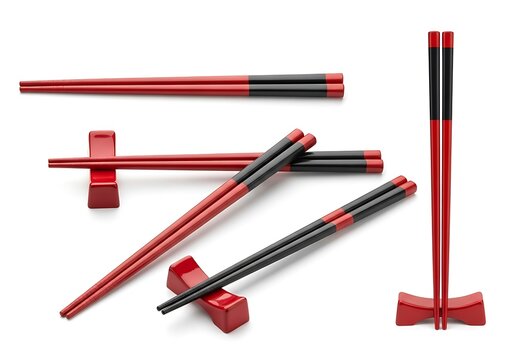 Collection of red and black chopsticks with holders arranged creatively isolated on white background - Powered by Adobe