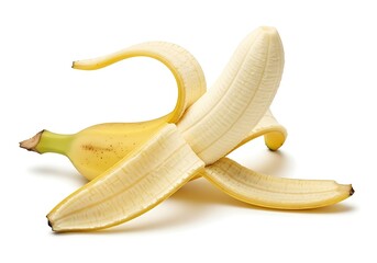 A ripe yellow banana partially peeled showing its smooth texture isolated on white background