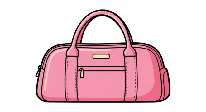 Illustration of a pink duffel bag with handles, a front pocket, and zipper closures, isolated on a white background.