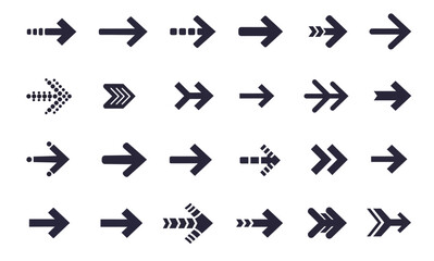 Array of twentyfour dark arrows pointing right with varied designs evenly spaced on a white background