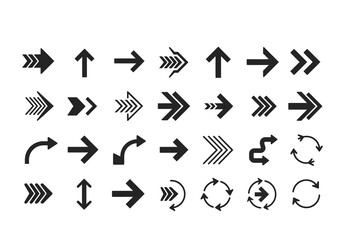 Assorted arrow icons in rows diverse styles and directions displayed
