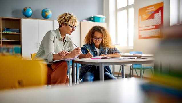 Teacher assisting a young student with their schoolwork at a desk in a bright classroom setting