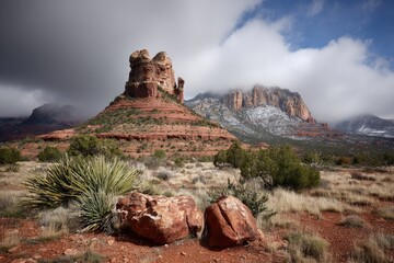 Red rock formations, dramatic sky, snow-capped mountains