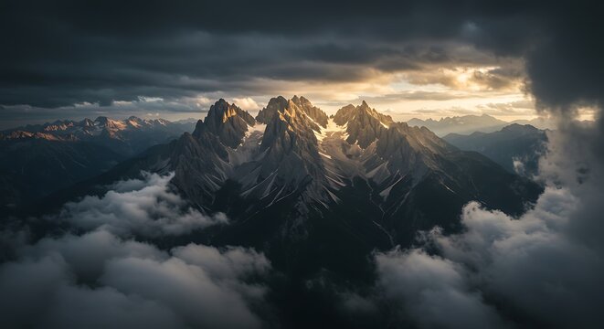 Majestic snow-capped mountain peaks rising above dense clouds under a dramatic sky