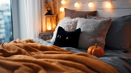 Cozy autumn bedside scene with halloween cat pillow and pumpkin decor