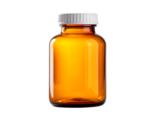 Amber glass bottle with a white plastic screw-on cap,  standing upright against a black background.  The bottle is mostly transparent, showing its amber color