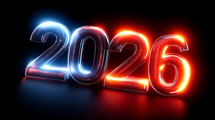 Leuchtende Neon-Jahreszahl 2026 in rot und blau mit spektakul&auml;ren Lichteffekten