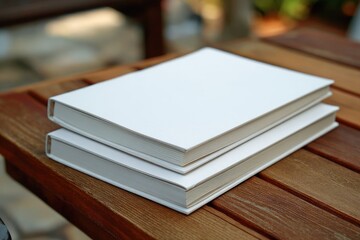 Fototapeta premium Two blank white books rest on a wooden table outdoors