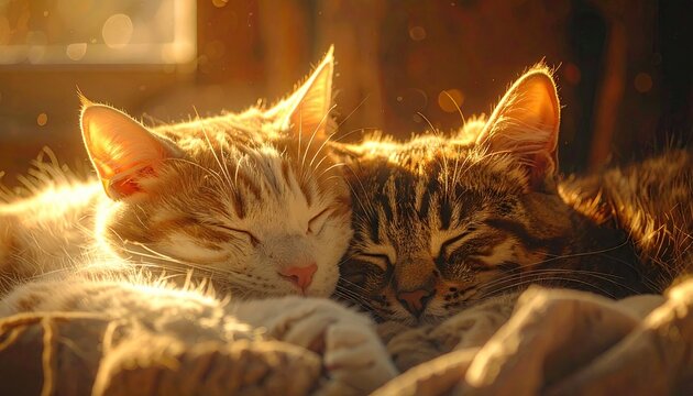 Two Cats Sleeping Together Under Warm Sunlight in Cinematic Photography with Ultra Sharp Details, Golden Light and Soft Focus