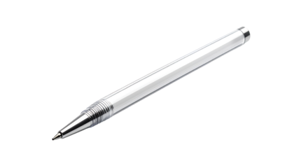 Sleek, transparent pen with a metallic tip and textured grip section, isolated on a black background