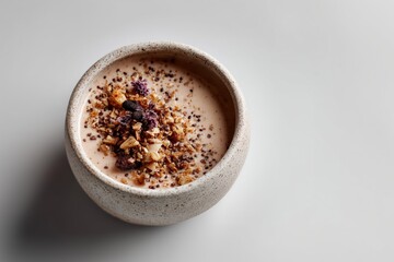 Delicious smoothie bowl topped with crunchy granola, quinoa, and nuts in a speckled ceramic bowl, perfect for breakfast inspiration.