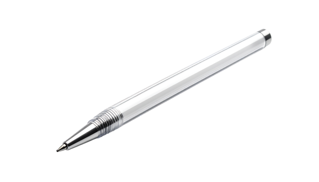 Sleek, transparent pen with a metallic tip and textured grip section, isolated on a black background
