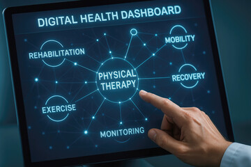 Finger touching a digital health dashboard screen showing physical therapy concepts technology