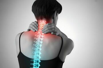 Woman experiencing neck and back pain with highlighted spine representing injury or medical condition requiring treatment and physiotherapy for relief and recovery