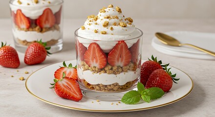 A beautiful and appetizing shot of a strawberry and cream dessert with a cookie crumb topping